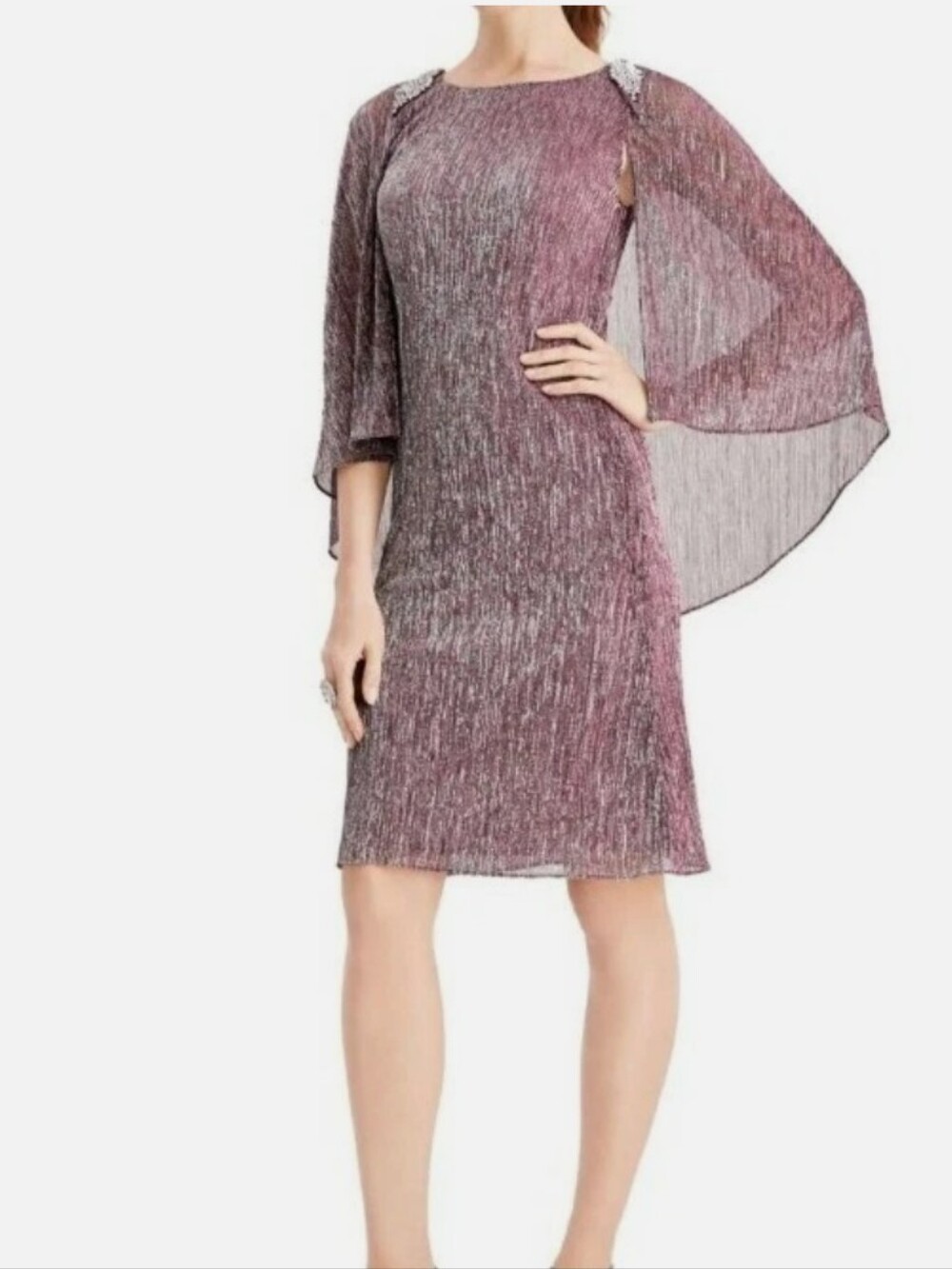 New Plus Size Plum Metallic Cape-Sleeve Dress